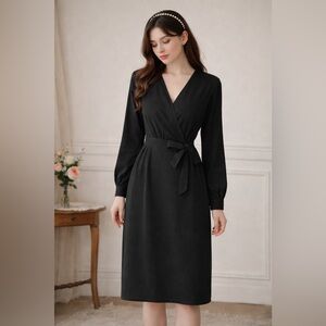 Dark Coquette Black Wrap Dress Romantic Feminine Work Wear Dress Classic